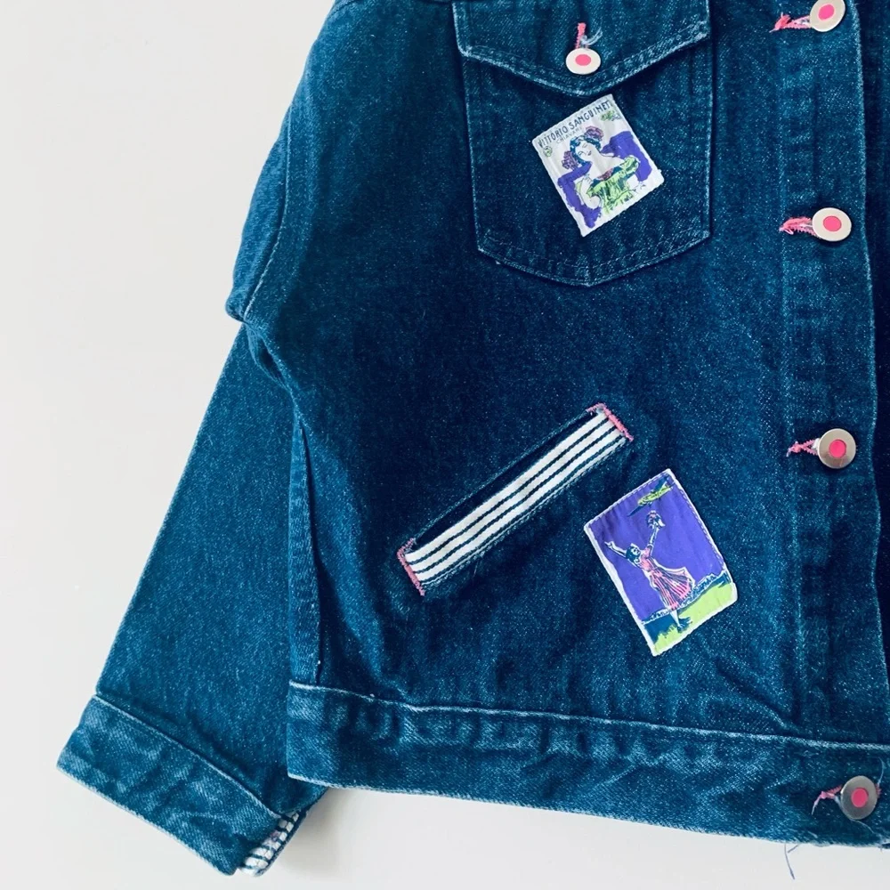 Vintage OshKosh Denim Jacket Stripe Collar Patchwork Size 12 Dark Blue Granola